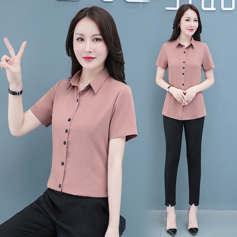 Chiffon Lapel Single-Breasted Short-Sleeved Casual Shirt for Women Summer Large Size Loose Elegant Simple Work Clothing Cardigan