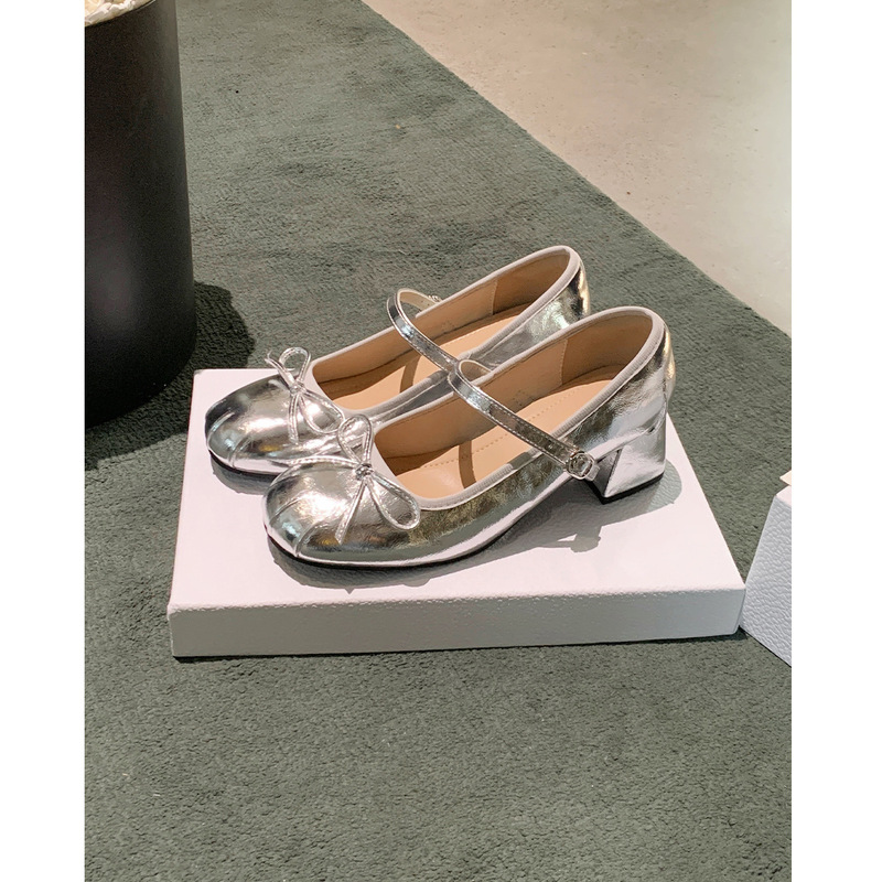 Sheepskin Version~French-Style Bow High-Heeled Mary Jane Shoes for Women 2026 New Model for Petite Women with Chunky Heels Ballet Flats