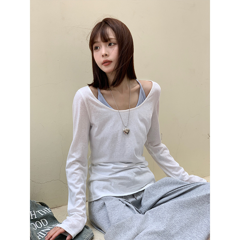 宋正恩蓝色轻薄防晒罩衫女长袖t恤秋季小个子宽松韩系慵懒风上衣|undefined