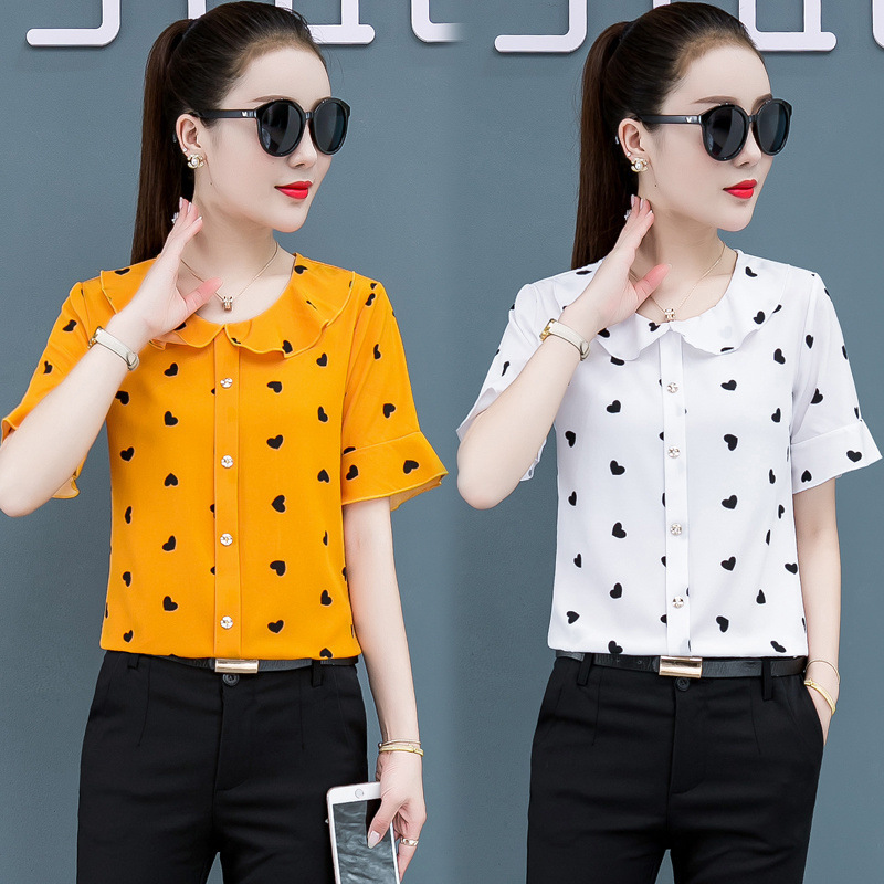 印花衬衫女短袖雪纺上衣女学生夏季韩版时尚遮肚显瘦气质洋气小衫