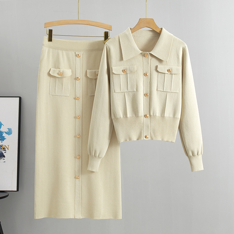 跨境法式翻领小香风套装秋冬毛衣女开衫上衣针织修身半身裙两件套