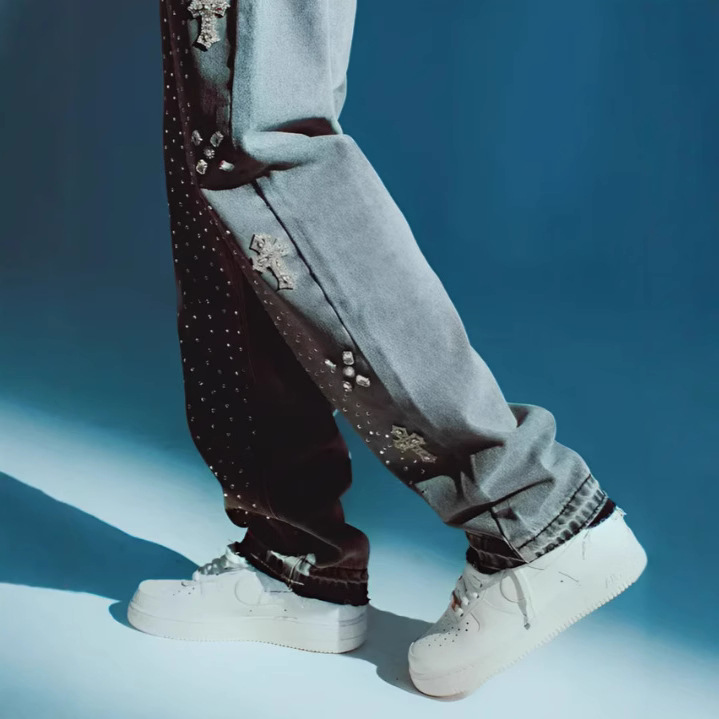 2025 Europa y América comercio exterior transfronterizo diseño de alta calle estilo casual relajado rectas pantalones jeans de diamante para hombre