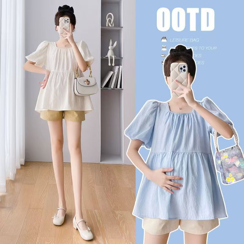 2026 Maternity Wear Summer New Korean Style Maternity Square Neck Tie Puff Sleeve Babydoll Shirt Loose Short-Sleeved Top