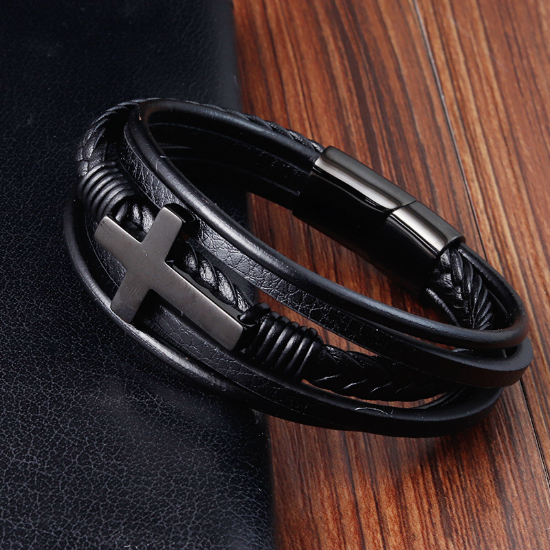 30g Weight Bracelets Classification Leather Chain Material 1 Piece Quantity Daily Occasion Leather, Titanium Steel Material Cross Pattern Men's Gender Layered, Polishing Design Retro, Ethnic Style Style Retro Ethnic Style Cross Leather Titanium Steel Layered Polishing Men's Bracelets Men Cord & Leather Bracelets 13