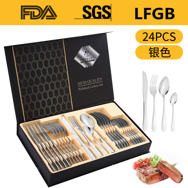 Amazon Tik Tok vajilla de acero inoxidable 24 unidades traje 1012 cuatro piezas principales occidental cuchillo, tenedor y cuchara rack caja regalo