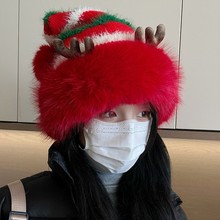 新款圣诞节帽子女可爱鹿角红色毛绒针织帽冬季加绒防寒保暖护耳帽
