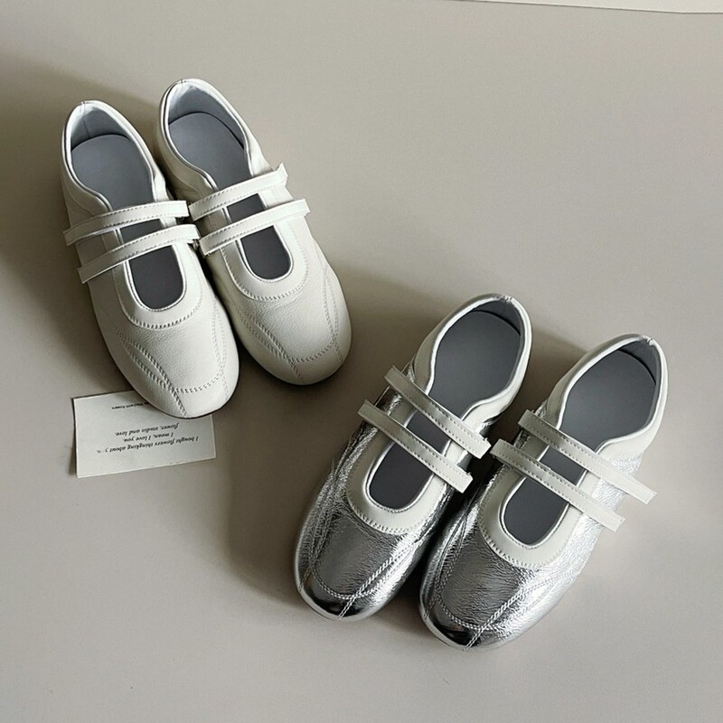 Sheepskin Version ~ Genuine Leather Velcro Sports Mary Jane Shoes All-match Round-toe Casual Shoes Women's Flat Ballet Training Shoes