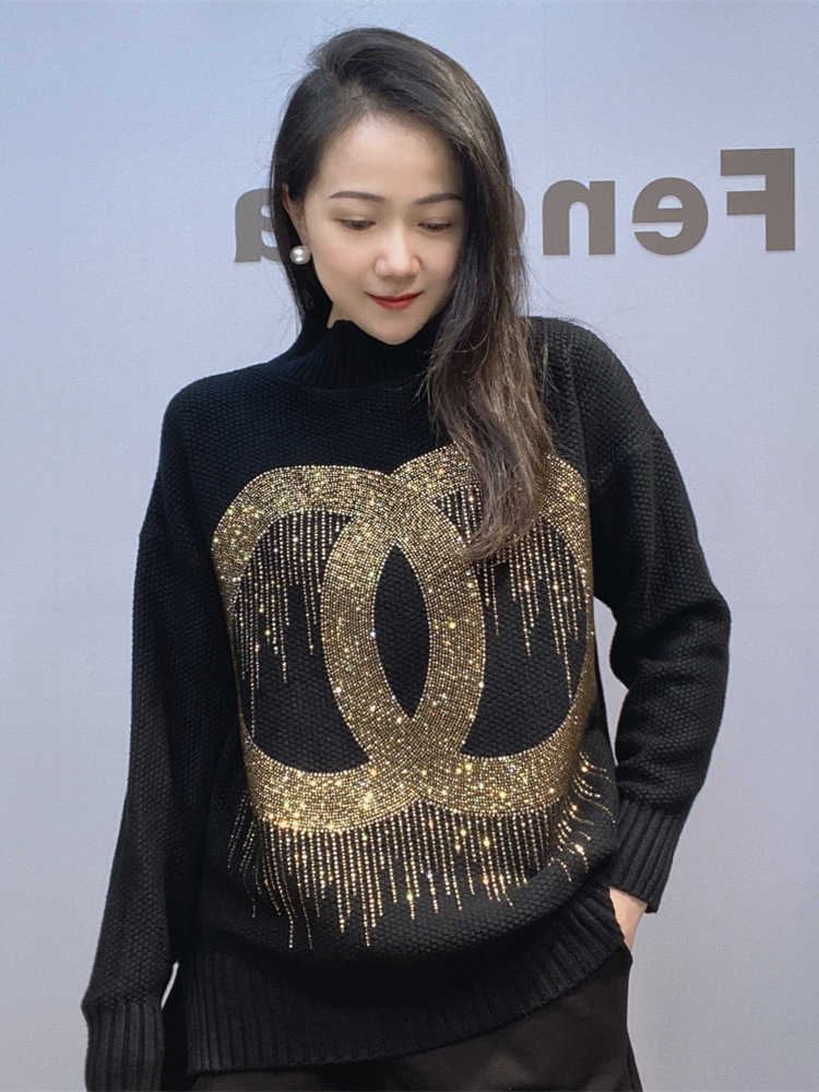 Suéter de punto elegante con pedrería para mujer, cuello alto, talla grande, manga larga, moda transfronteriza, novedad invierno 2025