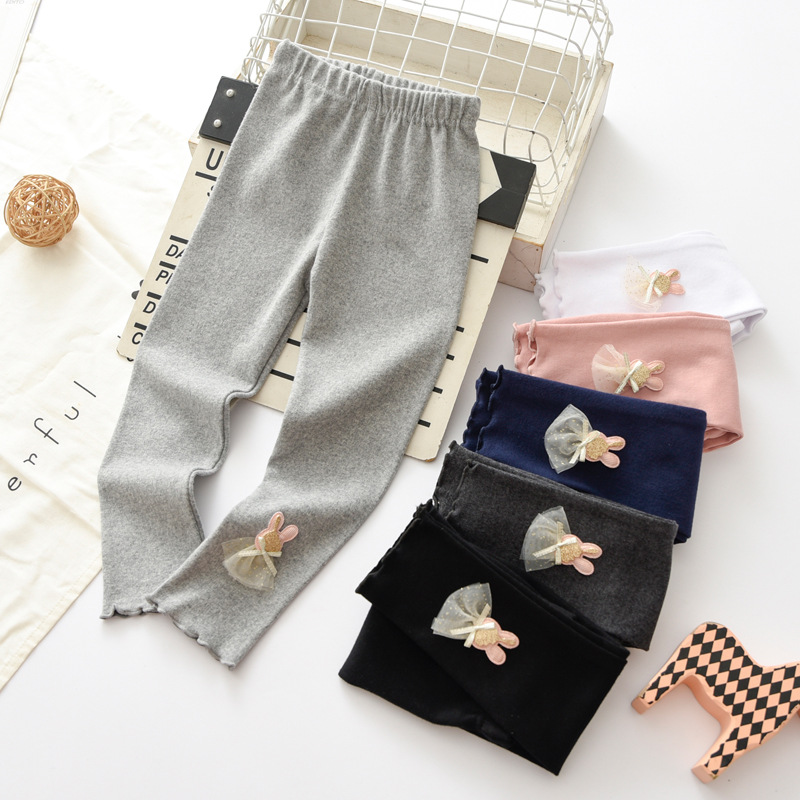 Spring and Autumn Girls' Leggings, Long Pants, 95% Cotton, High Elasticity, Slim Fit, Mesh Skirt, Rabbit Style, Versatile Korean Style Pants