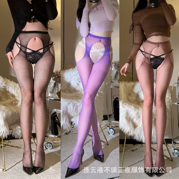 Sexy Fishnet Stockings with Rhinestones, Open-Crotch Pantyhose for Flirting, Nightclub Leg Socks