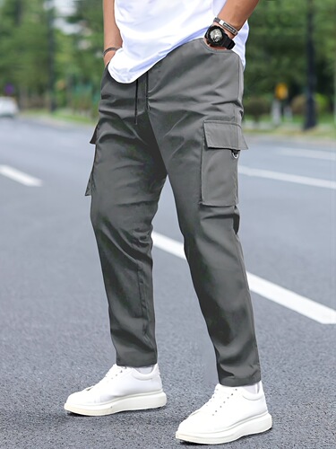 1PC Men'S Casual Cargo Pants, Solid Color Polyester