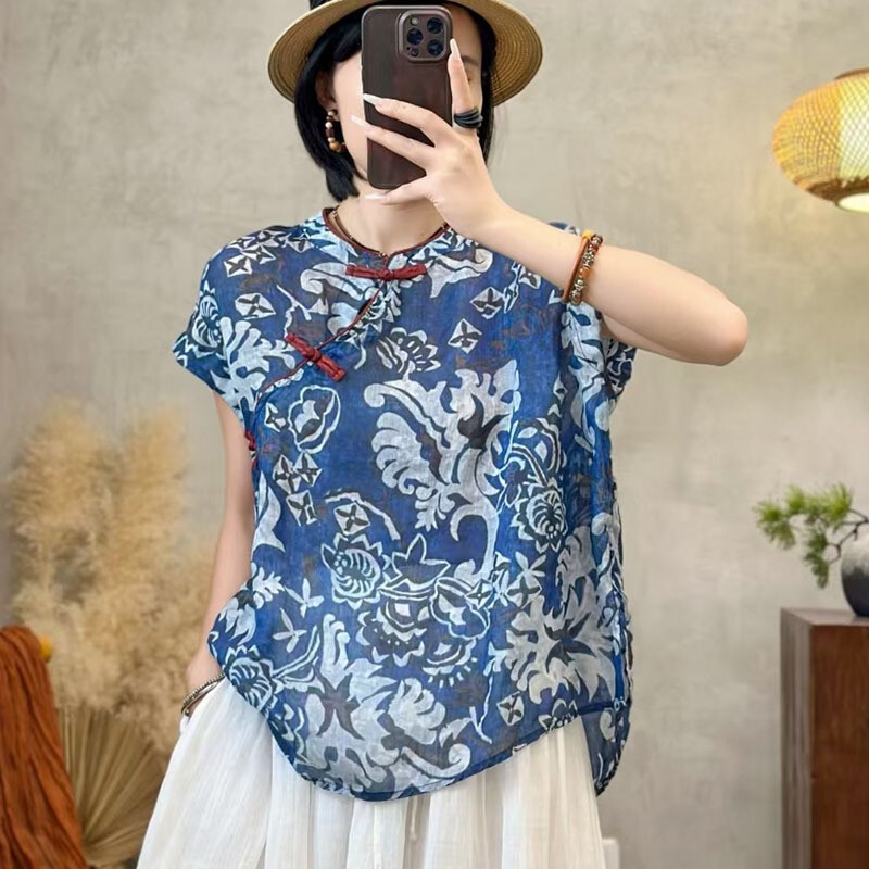 Stand Collar, Diagonal Placket, Buttoned Ramie Shirt for Women, 2026 Summer New Style, Loose Fit, Flutter Sleeves, T-Shirt, Chinese Style Pullover Tea Dress