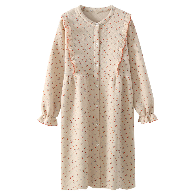 秋冬の女性の純綿の3層の空気綿の中間層の長袖のパジャマの冬の綿の保温の甘い家庭服の月子服