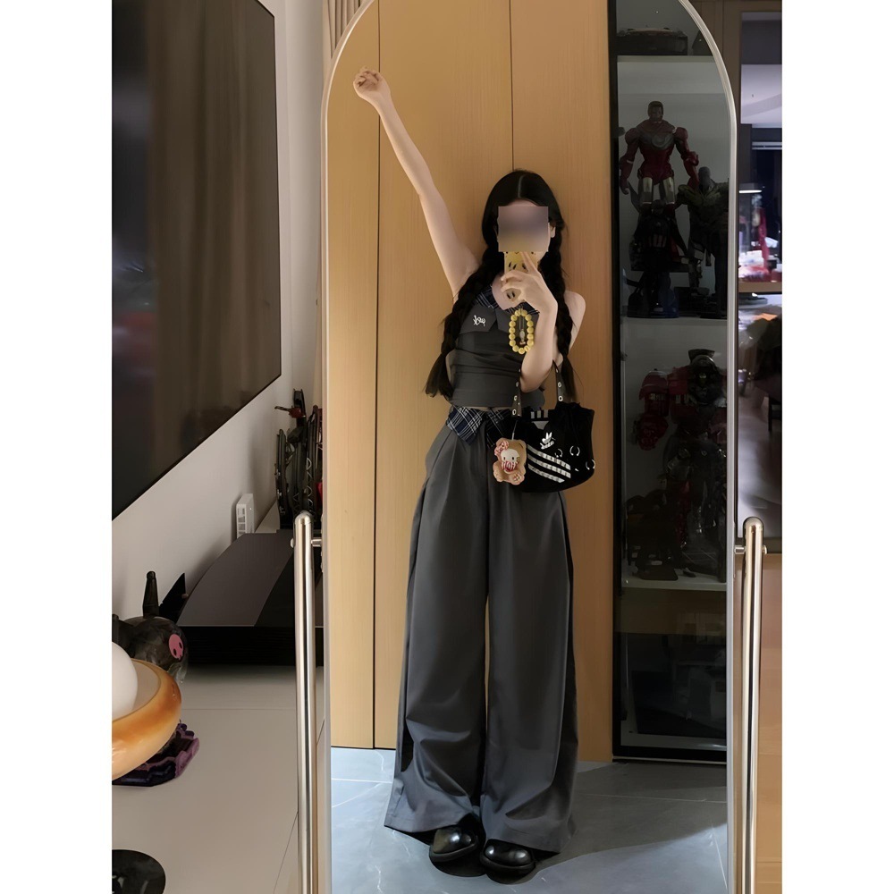 夏日绝美韩里韩气纯欲挂脖小上衣配西装裤子女夏季穿搭套装高级感