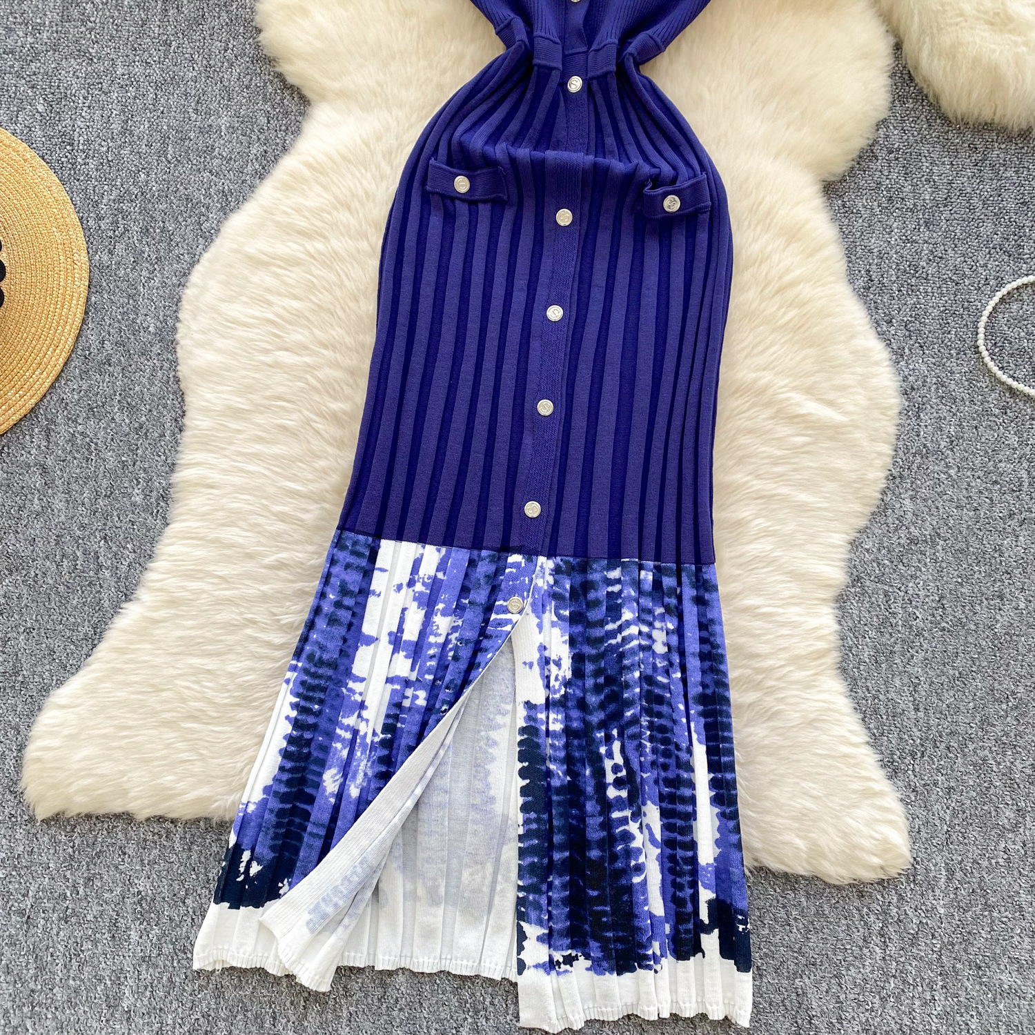 Women's Light Luxury Minimalist Sleeveless Knitted Long Dress Summer Splicing Single Breasted Design Elegant Unique_ecoleips.com