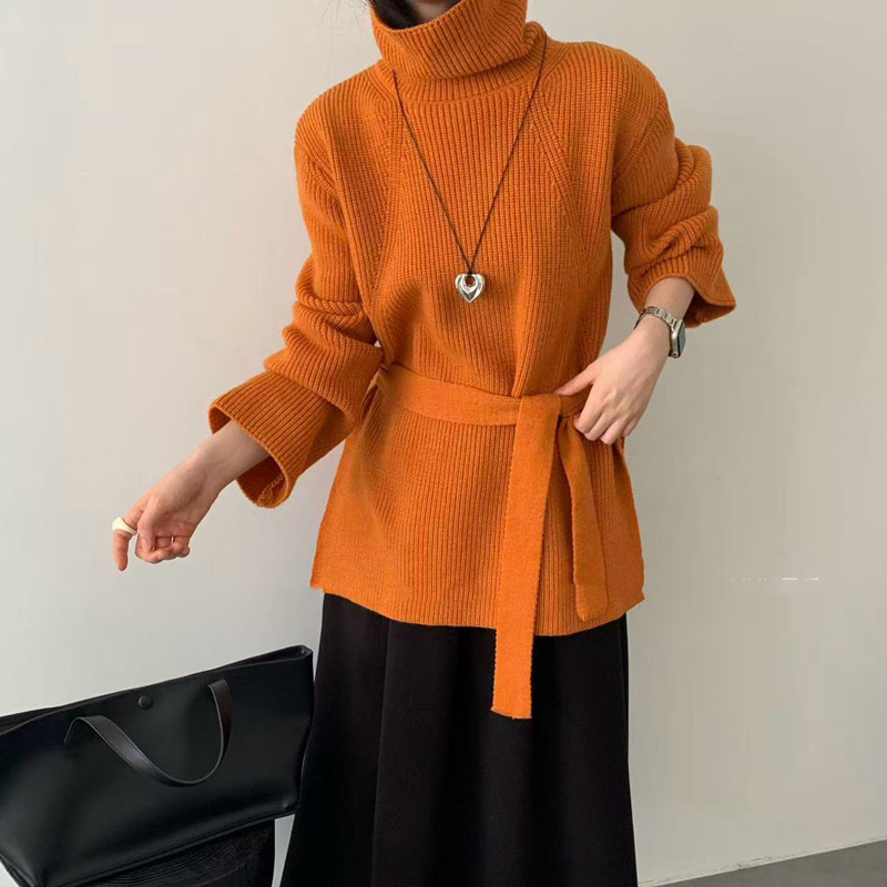 韩版设计感高领中长款套头针织衫女秋冬新款宽松收腰系带纯色毛衣