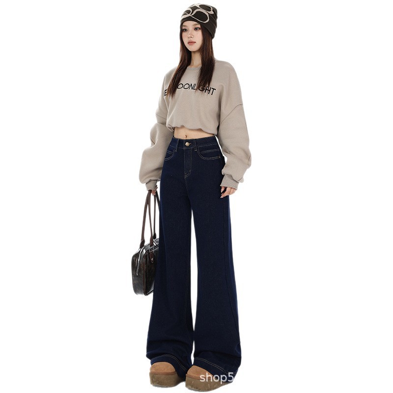 加绒阔腿牛仔裤女2025春季黑色复古高腰慵懒休闲小个子垂感直筒裤|undefined