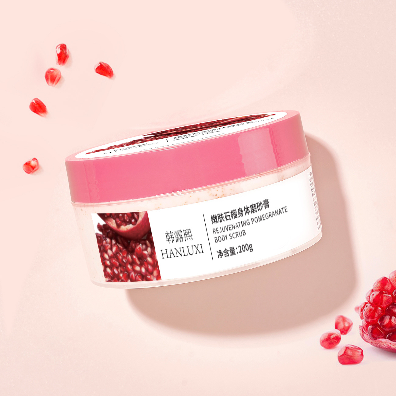 Han Luxi fábrica al por mayor granada semilla exfoliante cuerpo loción exfoliante cuerpo entero sal de baño fábrica de cuidado corporal