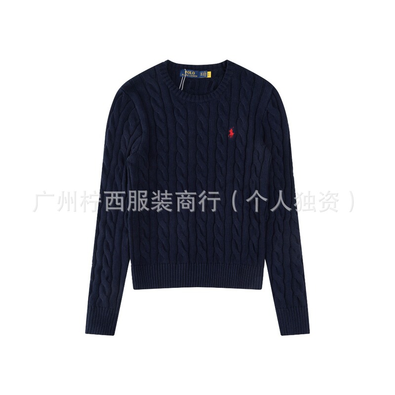 25新款跨境可扫码棉线拉夫小马刺绣经典麻花圆领纯色针织长袖上衣|undefined