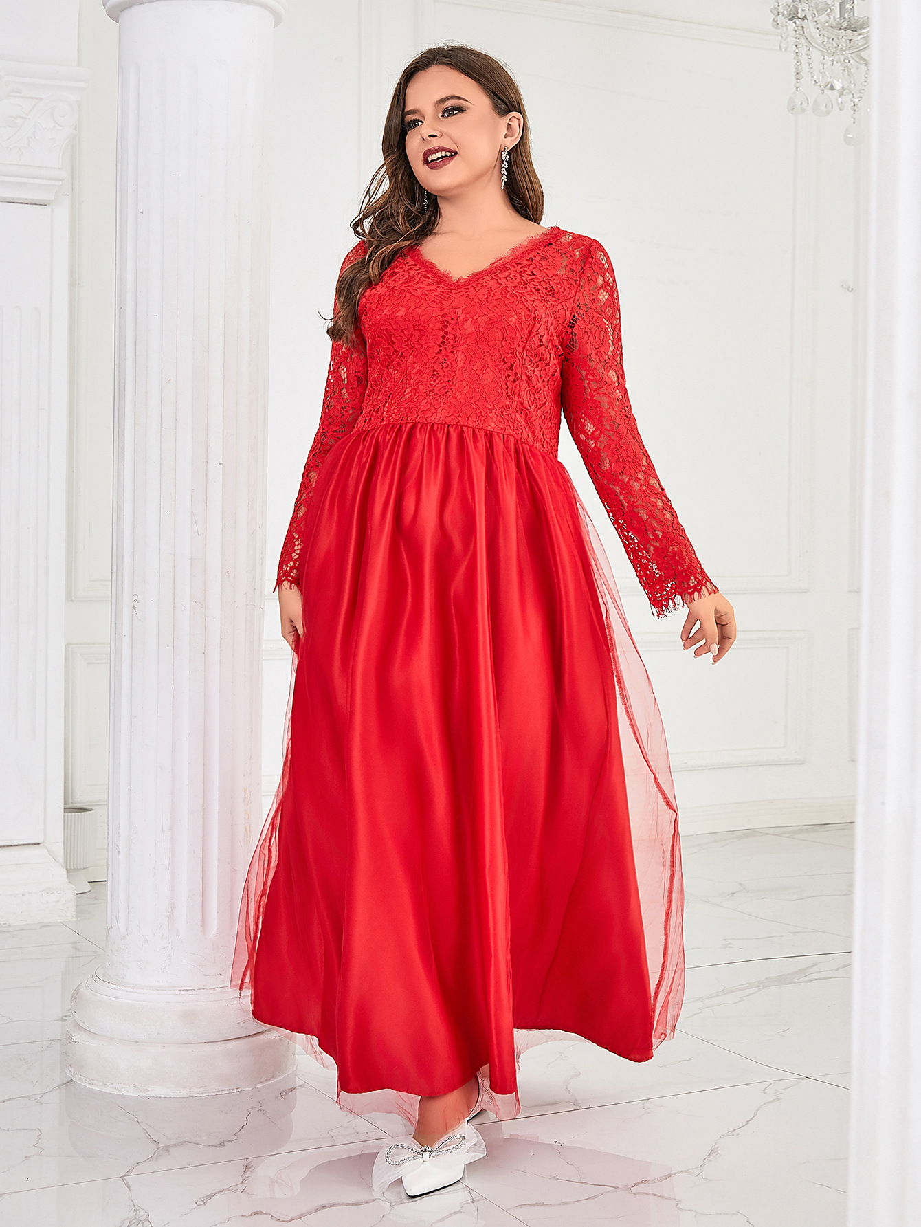 Vestido de talla grande, comercio exterior europeo y americano, nueva ropa de mujer, encaje de malla, vestido de novia de manga larga, vestido de noche, vestido largo image 6