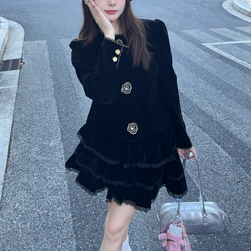 【黑金3.0】复古丝绒金线刺绣秋季气质外套拼蕾丝花边蛋糕短裙女|undefined