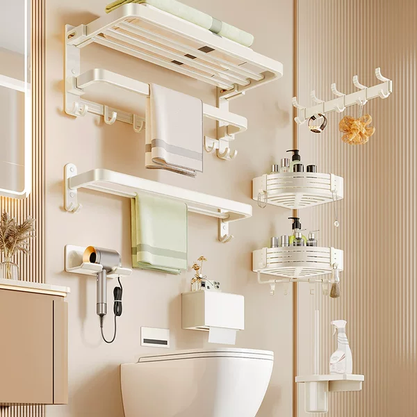 Cream-Colored Towel Rack, No-Drill White Space Aluminum Bathroom Towel Holder, Bathroom Towel Rack