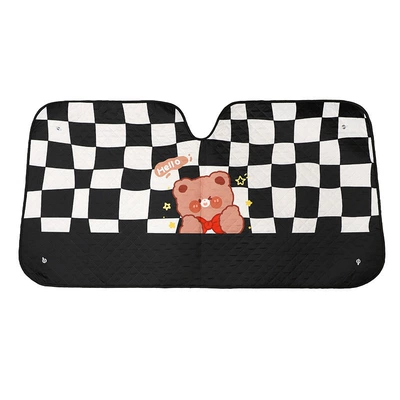 Car front sunshade aluminum film Summer suction cup car sun shield sun shield heat insulation car front window sunshade (Sun shade) - black-and-white-plaid-bear-front-block