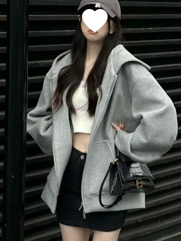 连帽卫衣女秋冬oversize加绒加厚拉链开衫外套宽松慵懒chic风上衣|undefined