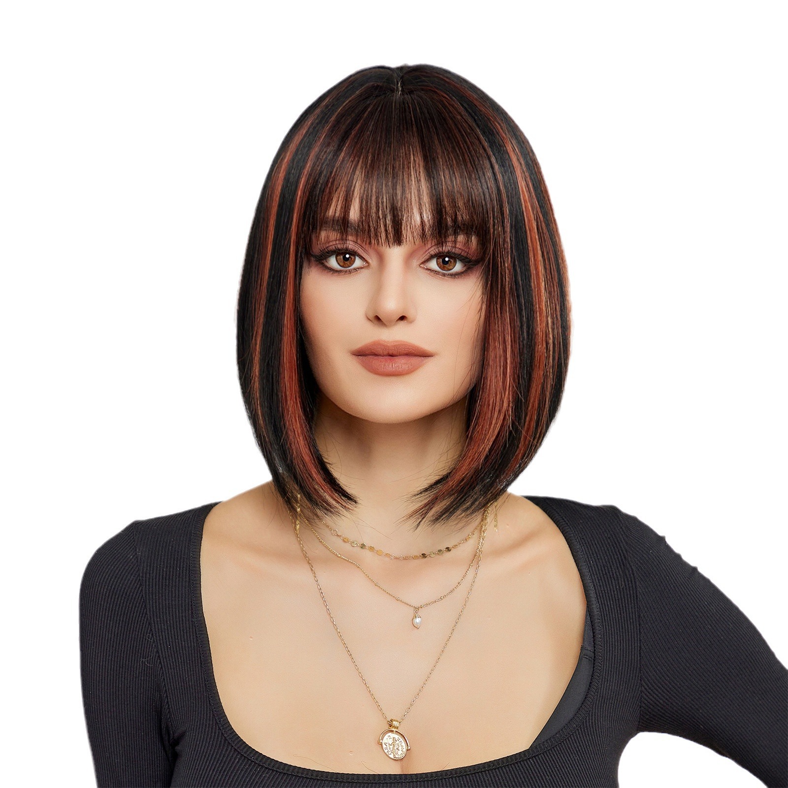 Nuevo estilo de moda, pelo corto y liso para mujer, celebridad de Internet, reductor de edad, conjunto de cabeza completa bob multicolor, peluca natural, estilo de cabello completo