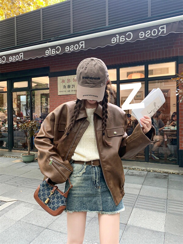 2026 Autumn and Winter American Retro Pu Coffee-Colored Leather Jacket 2026 Autumn New Korean Style Fashionable Small-Sized Jacket for Women