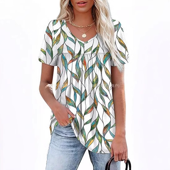 2024亚马逊爆款eBay欧美新款褶皱圆领短袖T恤女上衣跨境外贸女装