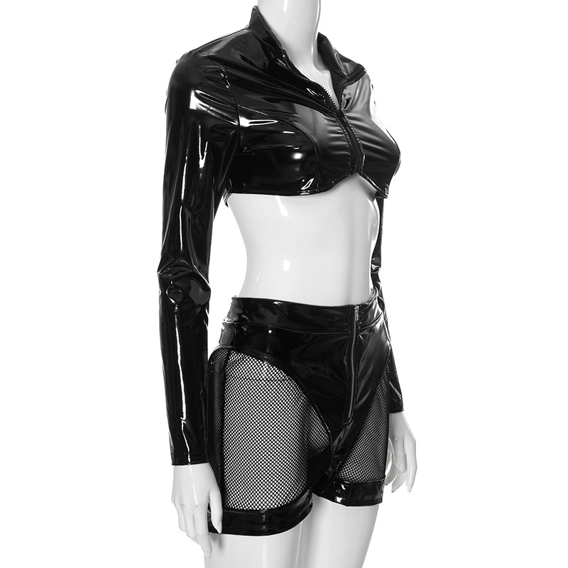 Women Clothing Faux Leather Mirror Skin Sexy Zipper Short Top Hollow Out Cutout Sheath Shorts Suit