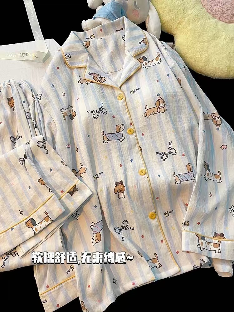Transfronterizo al por mayor otoño nubes de algodón color sólido KT pijamas de mujer pantalones de manga larga cardigan con solapas lindos dibujos animados ropa para el hogar