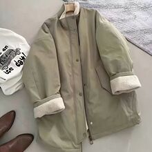 韩版立领派克服风衣加厚外套2024冬季新款拼羊羔毛中长款上衣棉服