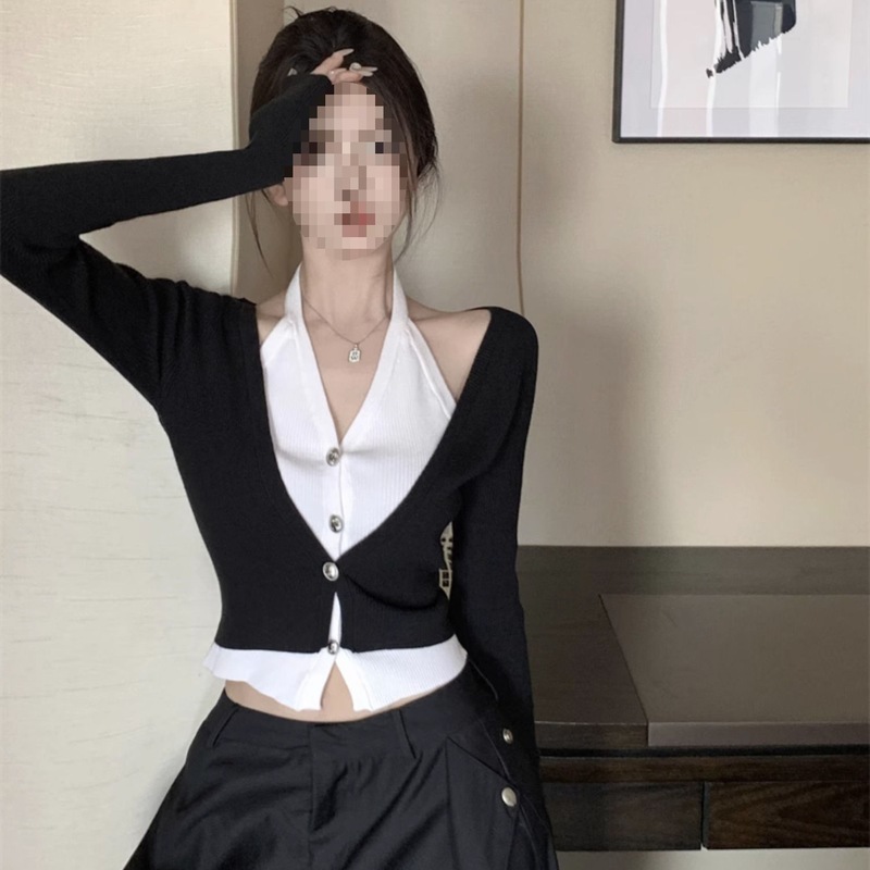 长袖针织开衫女设计早秋修身短款上衣慵懒风假两件感领毛衣拼接|undefined