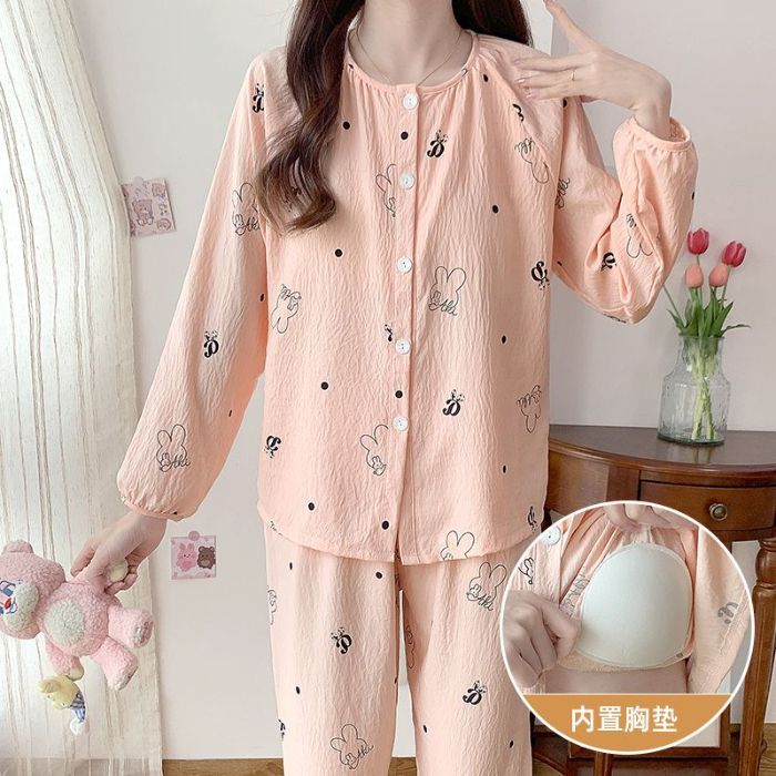 Al por mayor transfronterizo nuevo cardigan de manga larga pantalones largos cinturón cojín de pecho pijama de cuello redondo para mujeres puede ser dulce y cómodo algodón nubes hogar
