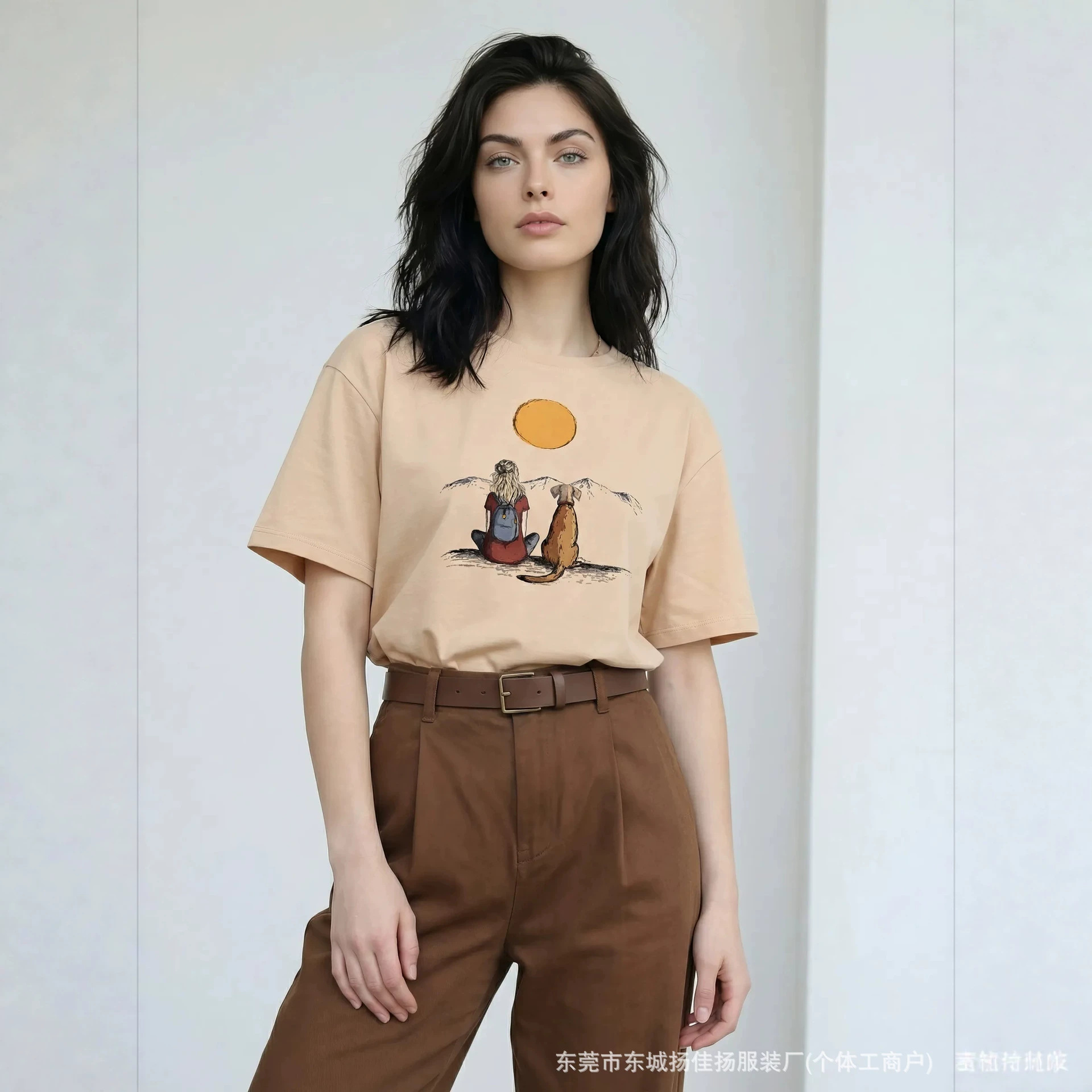 American-Style Cartoon Age-Reducing Fun Sunset Print 2026 Summer European and American Style 100% Pure Cotton Short-Sleeve T-Shirt Trendy