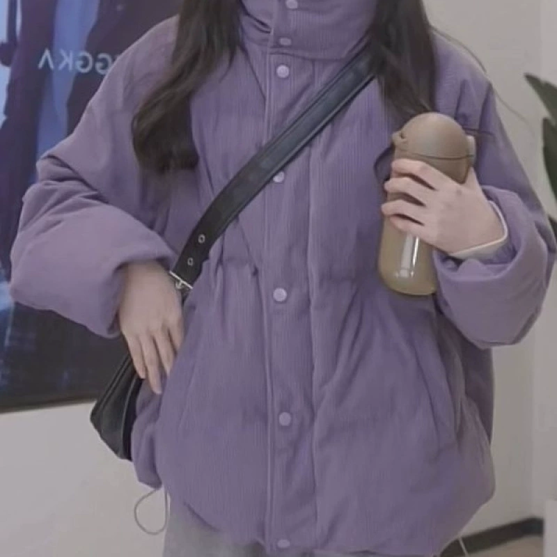 Winter purple corduroy suede down jacket, oversize, increased thickness