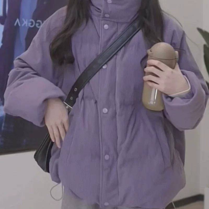 Winter purple corduroy suede down jacket, oversize, increased thickness