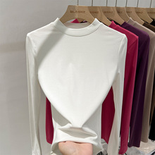小立领白色纯棉长袖t恤女春季修身显瘦打底衫女内搭洋气薄款上衣