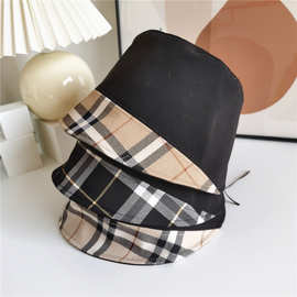 春夏新款格子拼接前长后短盆帽韩版时尚潮休闲女士遮阳防晒渔夫帽