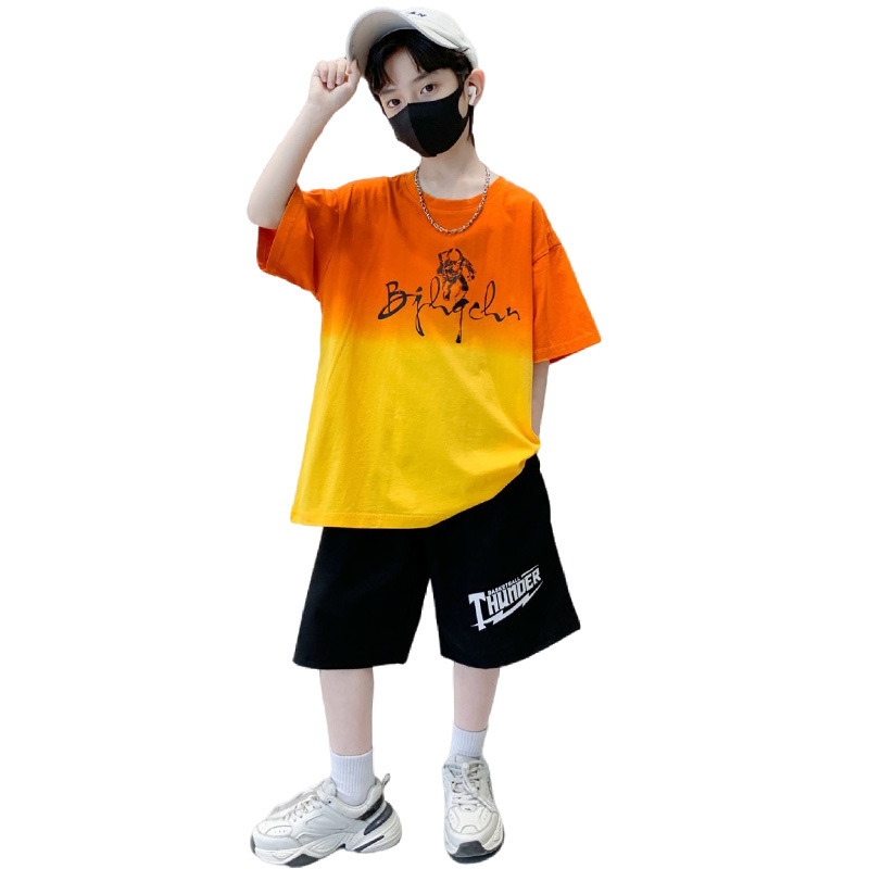 2023 Summer New Children's Wear Boys' Casual Colorful Hanging Dyed Letter T-shirt Middle Pants Set, Two Piece Set for_voghion.com