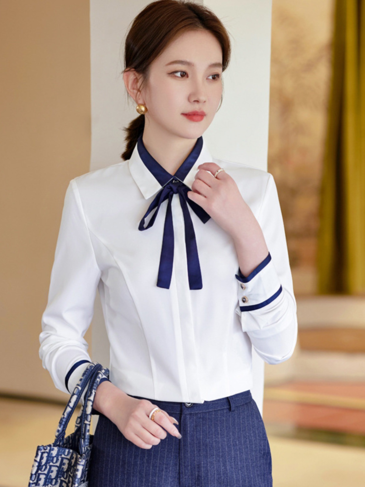Professional autumn fashionable elegant shirt with bow for students…