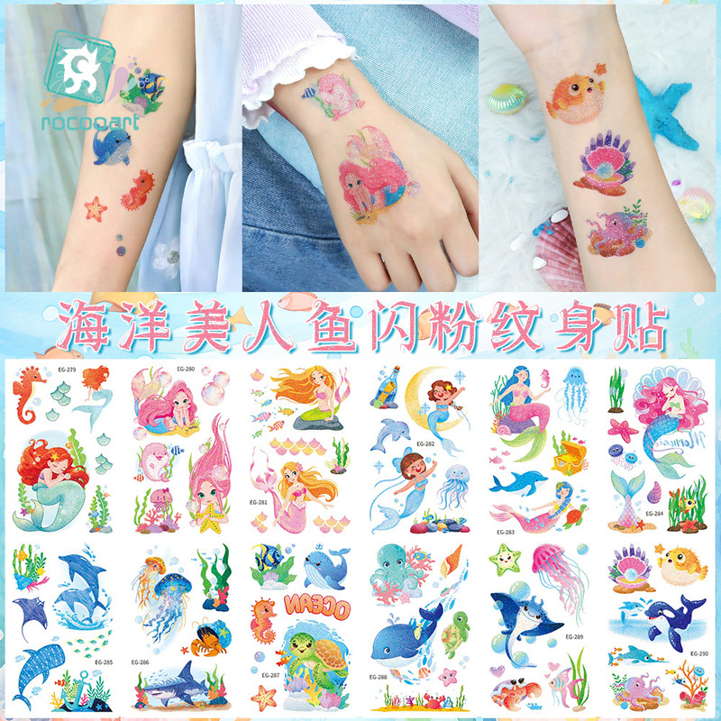 New Cross-Border Children's Cartoon Mermaid Tattoo Stickers Waterproof and Sweat-Proof Marine Animal Party Temporary Stickers New Cross-Border Children's Cartoon Mermaid Tattoo Stickers Waterproof and Sweat-Proof Marine Animal Party Temporary Stickers