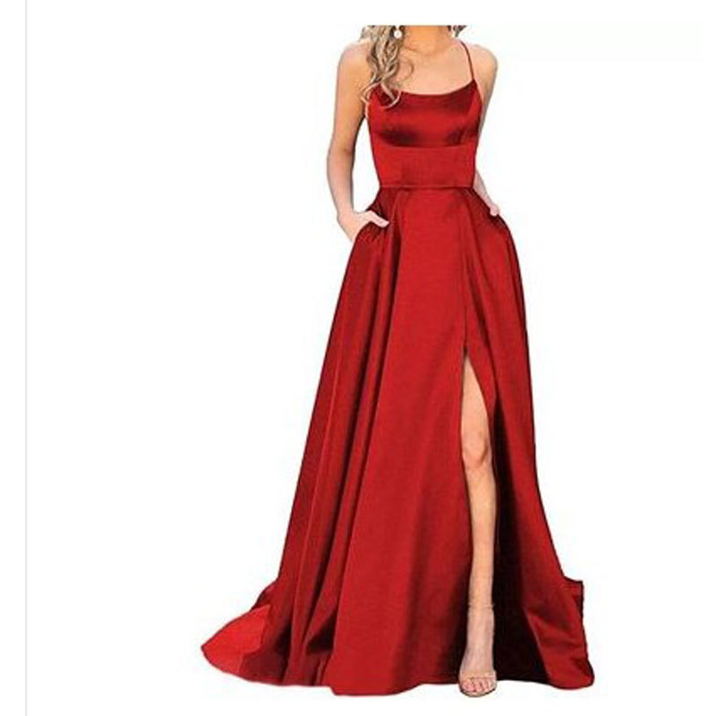 El Comercio exterior europeo y americano Amazon AliExpress deseo vestido de noche de las mujeres sexy Correa simple satén vestido largo