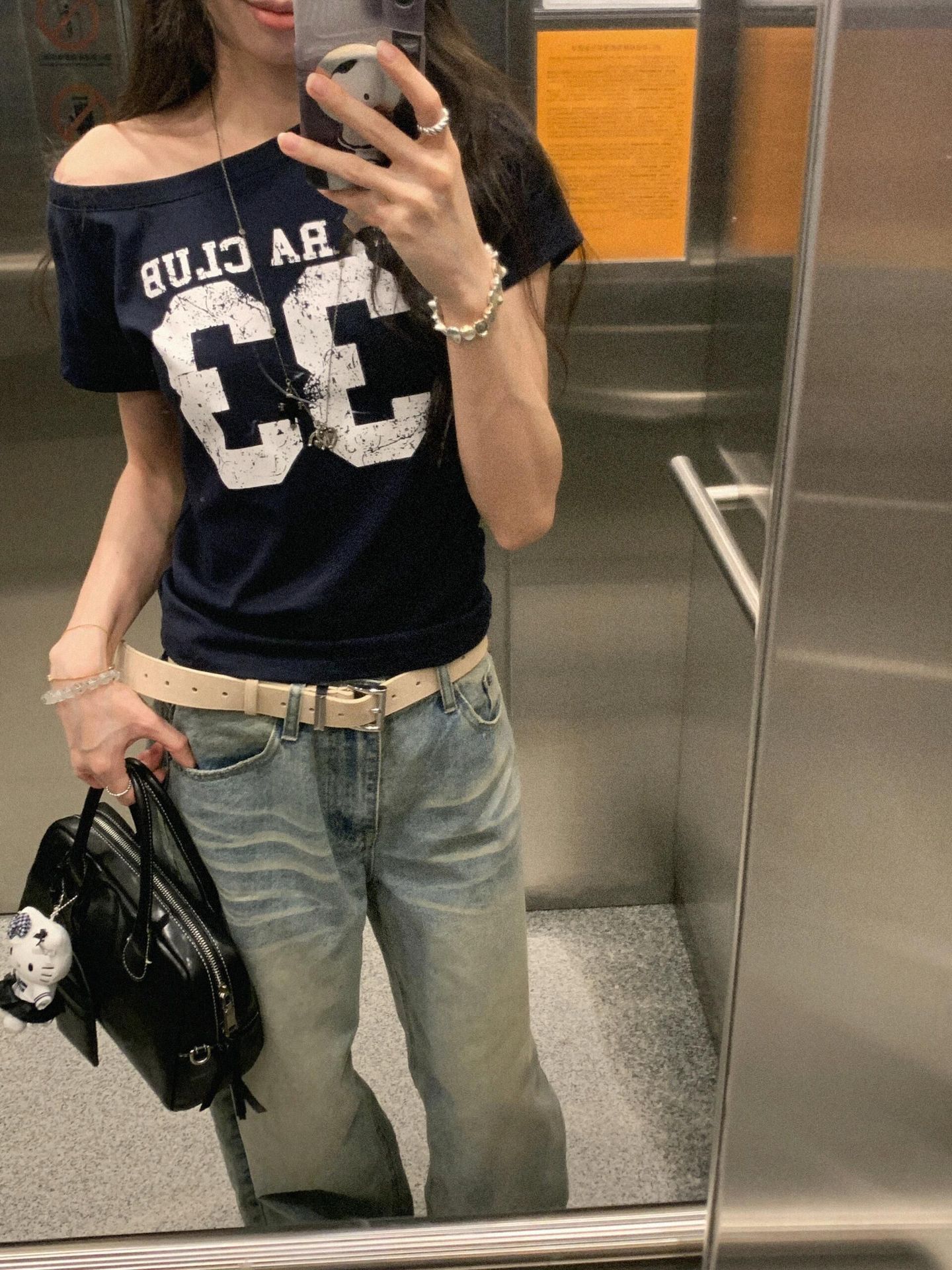[Guangzhou Fabric 240g 95% Cotton + 5% Spandex Cotton Stretch] Slim Fit Slanted Shoulder One-Line Collar Short-Sleeved T-Shirt
