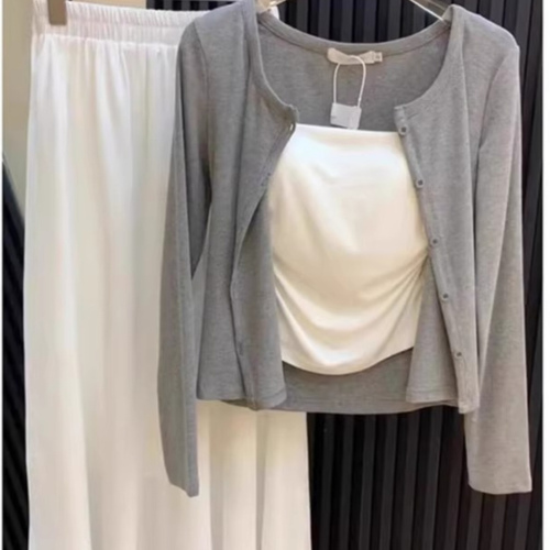 Women's Summer Grey Knitted Sun Protection Cardigan Coat with Small Shawl, Pair with Camisole Dress, Outerwear with Sheer Ice Silk Blouse