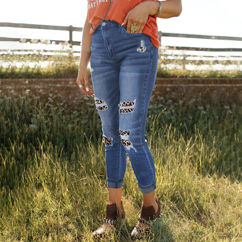 时颖破洞牛仔裤高腰显瘦亚马逊2022新款修身小脚九分裤欧美牛仔裤