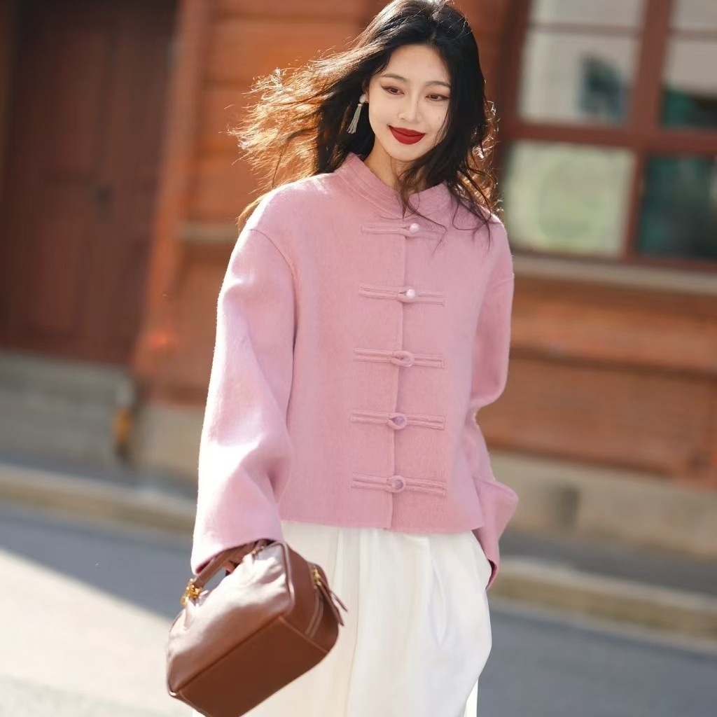 SEL All-sheep Wool New Chinese Antique Double-sided Wool Coat Women's 2025 Spring National Style Pink Short Top