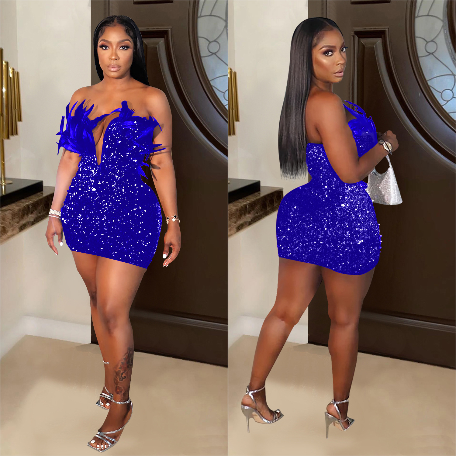 C7050 Aliexpress transfronterizo Amazon estación independiente de moda europea y americana de mujer cuentas plumas vestido sin mangas corto image 4